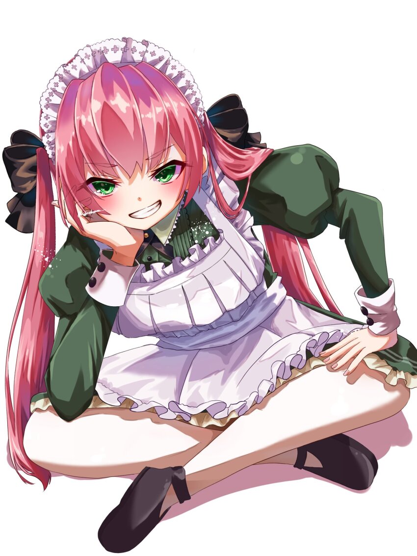 aikawa_megumi, alternate_costume, apron, bikini, enmaided, frilled_apron, frills, green_eyes, grin, heaven_burns_red, highres, holmes_hvbn, loafers, long_hair, maid, maid_apron, maid_bikini, maid_headdress, official_alternate_costume, pink_hair, puffy_sleeves, shoes, smile, swimsuit, two_side_up, unconventional_maid, white_apron