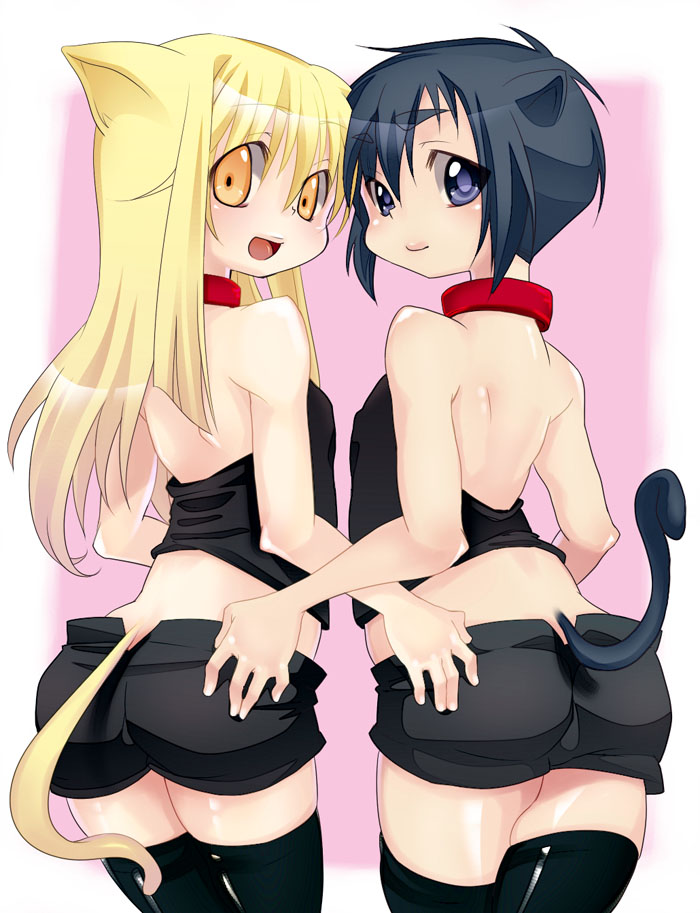 2boys, akiyama_tooru, animal_ears, black_hair, black_legwear, blonde_hair, bulge, cat_boy, cat_ears, cat_tail, collar, crossdressing, crossdressing_(mtf), long_hair, looking_back, male_focus, multiple_boys, open_mouth, original, purple_eyes, shorts, smile, tail, thighhighs, trap, yaoi, yellow_eyes