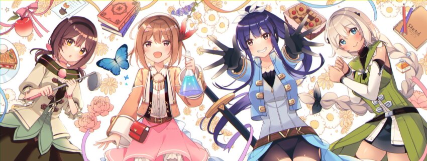 4girls, apple, bag, belt, beret, black_gloves, black_shorts, black_skirt