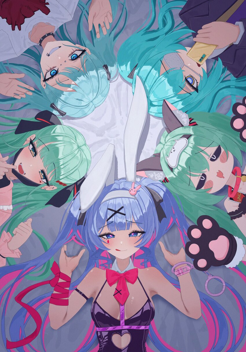 5girls, absurdres, animal_ear_fluff, animal_ear_hairband, animal_ears, animal_hands, aqua_eyes, aqua_hair, bed_sheet, black_sclera, blazer, blue_hair, blunt_bangs, bound, bound_wrists, bow, cellphone, choker, circle_formation, clothing_cutout, colored_sclera, commentary, double-parted_bangs, ear_piercing, emo_fashion, eyepatch, face_piercing, fake_animal_ears, furrowed_brow, gloves, green_hair, hair_bow, hair_ornament, hairband, hatsune_miku, highres, holding, holding_phone, jacket, jirai_kei, lip_piercing, long_hair, lying, maji_(majidesu3), mask, medical_eyepatch, mimukauwa_nice_try_(vocaloid), monitoring_(vocaloid), mouth_mask, multicolored_hair, multiple_girls, multiple_persona, nose_piercing, paw_gloves, phone, piercing, pink_hair, playboy_bunny, rabbit_ear_hairband, rabbit_ears, rabbit_hole_(vocaloid), sad_girl_sex_(vocaloid), school_uniform, shirt, smartphone, songover, streaked_hair, twintails, underboob_cutout, vampire_(vocaloid), vocaloid, wing_collar, x_hair_ornament
