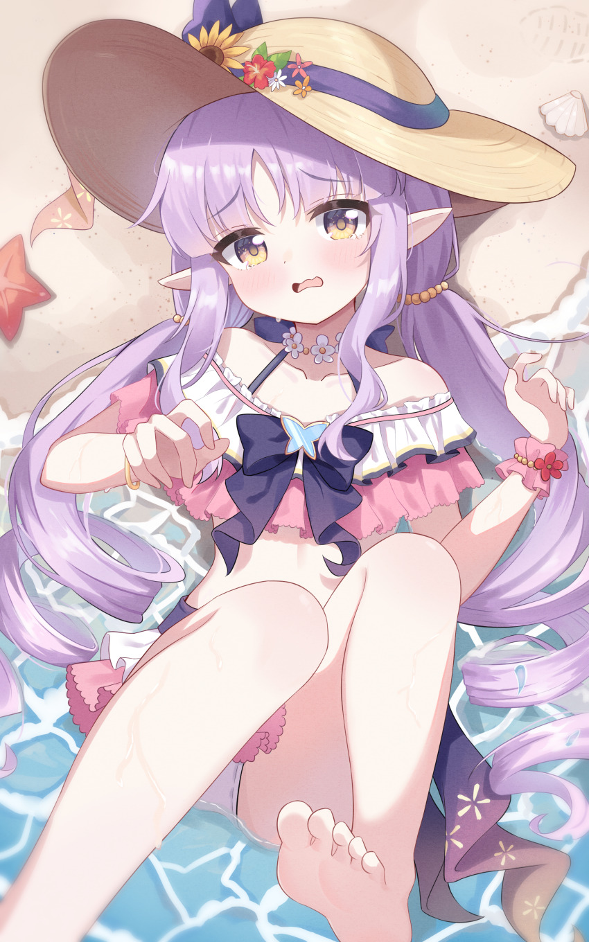 1girl, absurdres, bare_shoulders, barefoot, bikini, bikini_skirt, blush, choker