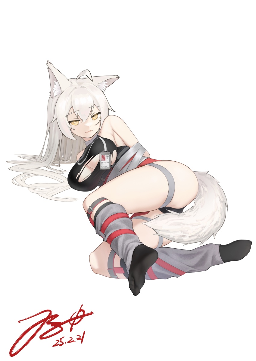 1girl, absurdres, ahoge, animal_ear_fluff, animal_ears, ass, bare_shoulders, black_panties