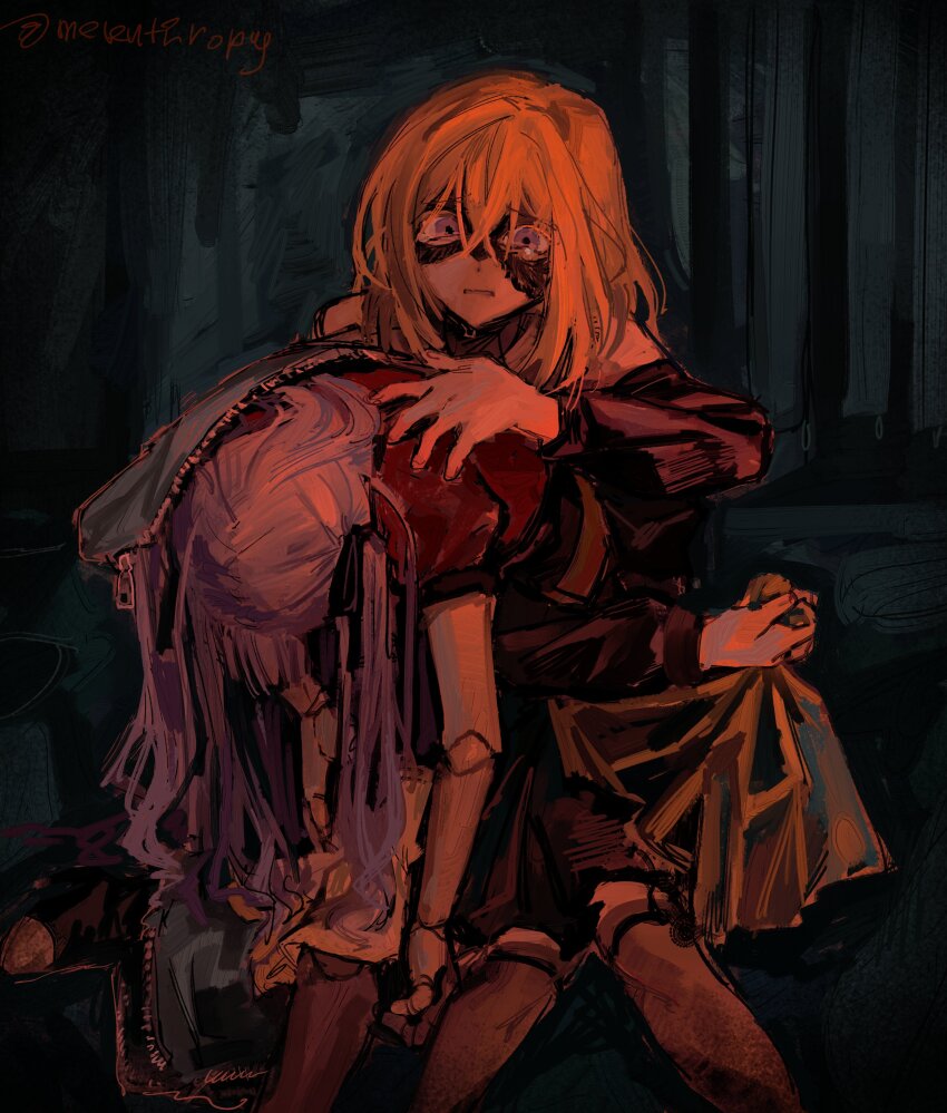 2girls, absurdres, bag, bang_dream!, bang_dream!_it's_mygo!!!!!, blonde_hair, blue_ribbon, commentary