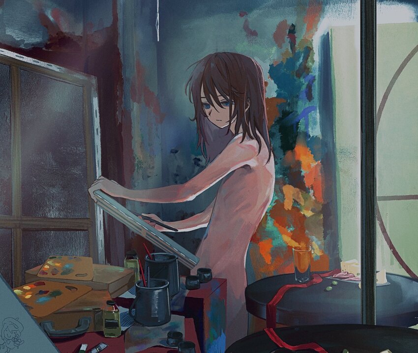 1boy, androgynous, art_brush, art_room, artist_painter, blue_eyes, brown_hair, can, canvas_(object), closed_mouth, completely_nude, cup, edgar_valden, full_body, glass, highres, holding, holding_brush, holding_paintbrush, identity_v, indoors, long_hair, looking_at_viewer, messy, messy_hair, messy_room, navel, nude, paint, paint_can, paint_splatter, paint_stains, paint_tube, paintbrush, painting_(action), paint_palette, red_ribbon, ribbon, solo, standing, table, ttptg6