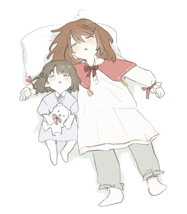 1boy, 1girl, androgynous, bow, brown_hair, capelet, child, dress