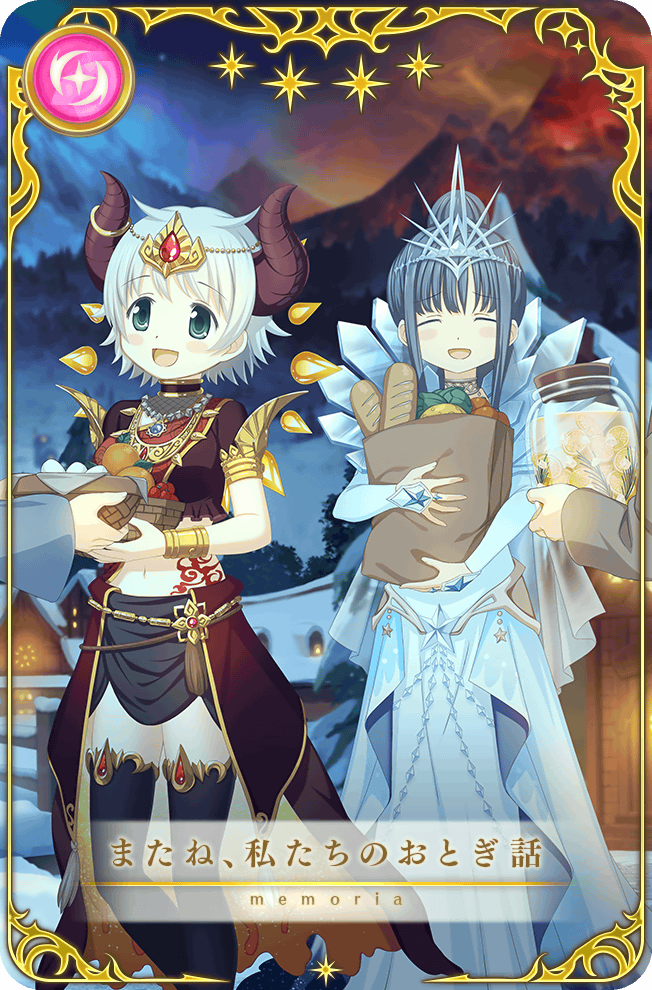 2girls, 2others, ^_^, aqua_eyes, armlet, artist_request, azusa_mifuyu, azusa_mifuyu_(otogibanashi_ver.), black_horns, black_skirt, blue_bridal_gauntlets, blue_dress, blue_gem, blue_hair, blunt_bangs, bracer, bridal_gauntlets, brown_shirt, card_(medium), circlet, closed_eyes, demon_horns, dot_nose, dress, fake_horns, feet_out_of_frame, flame_tattoo, food, game_cg, gem, giving_food, gold_armlet, gold_choker, gold_circlet, gown, gradient_skin, groceries, hair_bun, hair_horns, happy, holding, holding_food, horns, indoors, jewelry, layered_skirt, light_blush, long_dress, long_skirt, looking_at_another, magia_record:_mahou_shoujo_madoka_magica_gaiden, mahou_shoujo_madoka_magica, miniskirt, mountain, multicolored_skirt, multiple_girls, multiple_others, nanami_yachiyo, nanami_yachiyo_(otogibanashi_ver.), navel, necklace, official_alternate_costume, official_art, open_mouth, orange_skirt, picture_frame, red_shirt, red_skirt, shirt, short_hair, short_hair_with_long_locks, short_sleeves, showgirl_skirt, single_hair_bun, skirt, smile, stage, standing, star_(symbol), stomach_tattoo, tareme, tattoo, tiara, translated, two-sided_fabric, two-sided_skirt, two-tone_shirt, updo, white_hair