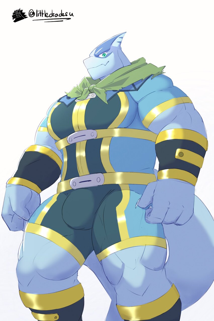 1boy, araba_(shangri-la_frontier), artist_name, bara, biceps, blue_shirt, blue_shorts, commentary