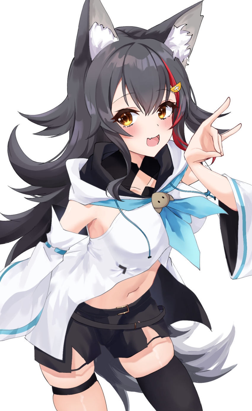 1girl, alternate_costume, animal_ear_fluff, animal_ears, black_hair, black_shorts, black_thighhighs, blue_neckerchief