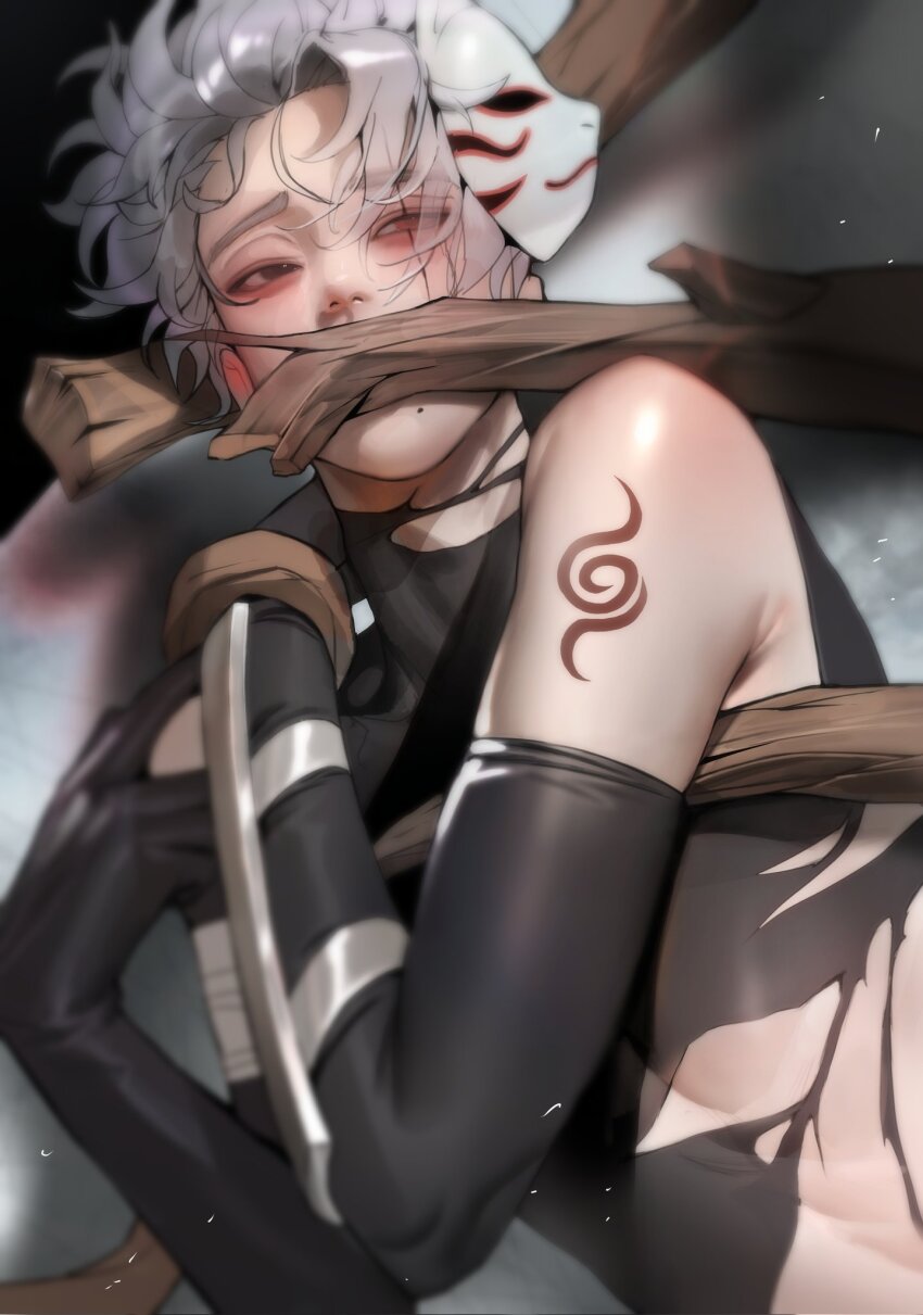 1boy, blush, fox_mask, gloves, grey_hair, hatake_kakashi, heterochromia, highres