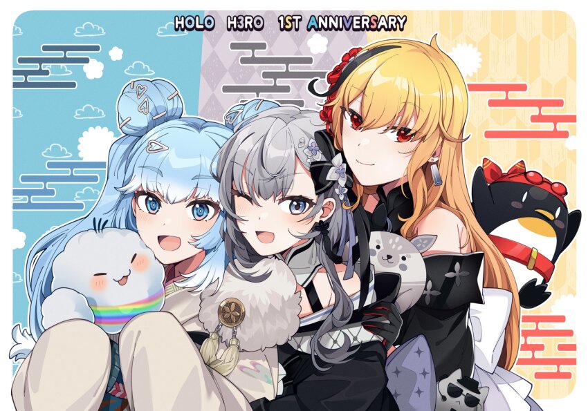 3girls, :3, animal, animal_ears, anniversary, bare_shoulders, bazo_(vestia_zeta), bird