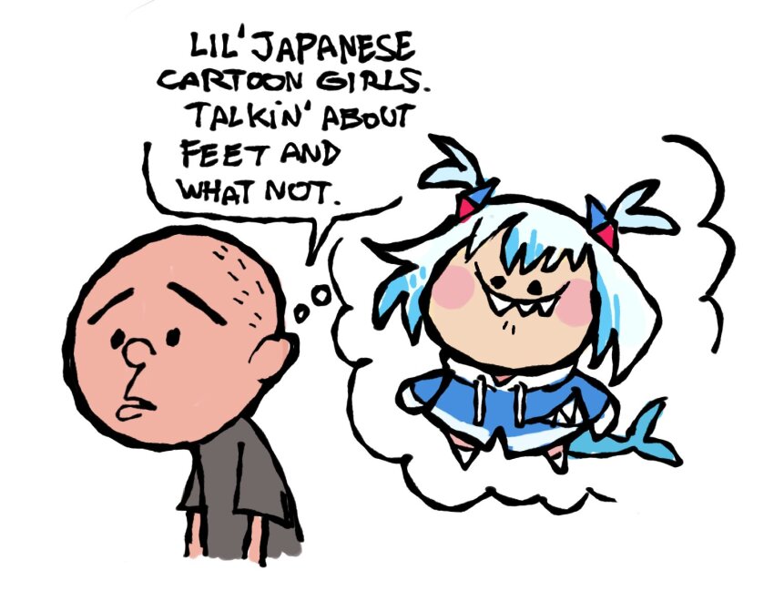 1boy, 1girl, animal_costume, animal_hood, blue_hair, blue_hoodie, blush, english_text, fins, fish_tail, gawr_gura, gawr_gura_(1st_costume), hair_ornament, hernyed, hololive, hololive_english, hood, hoodie, imagining, karl_pilkington, long_sleeves, looking_at_viewer, multicolored_hair, shark_costume, shark_girl, shark_hair_ornament, shark_hood, shark_print, shark_tail, sharp_teeth, smile, streaked_hair, tail, teeth, the_ricky_gervais_show, virtual_youtuber