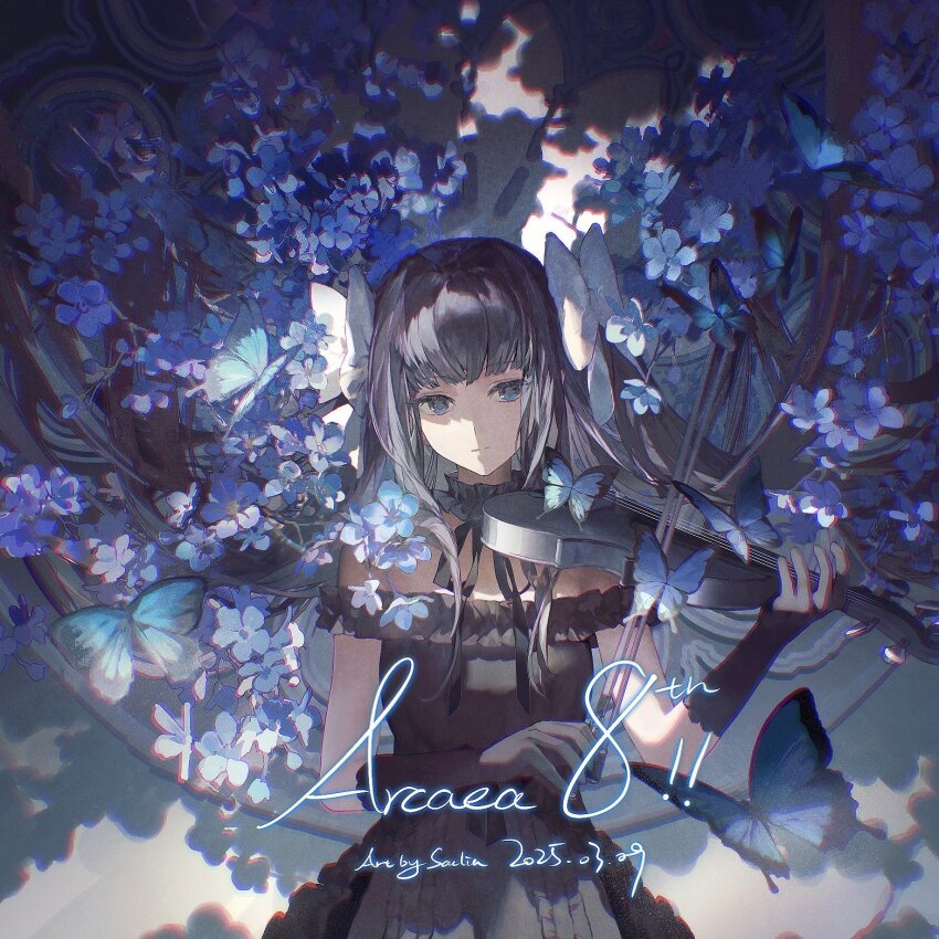 1girl, arcaea, artist_name, bare_shoulders, black_bow, black_dress, black_gloves, black_hair