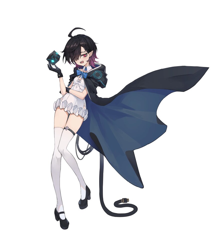 1girl, absurdres, ac8231, ahoge, black_cloak, black_hair, blue_bow, blue_cloak