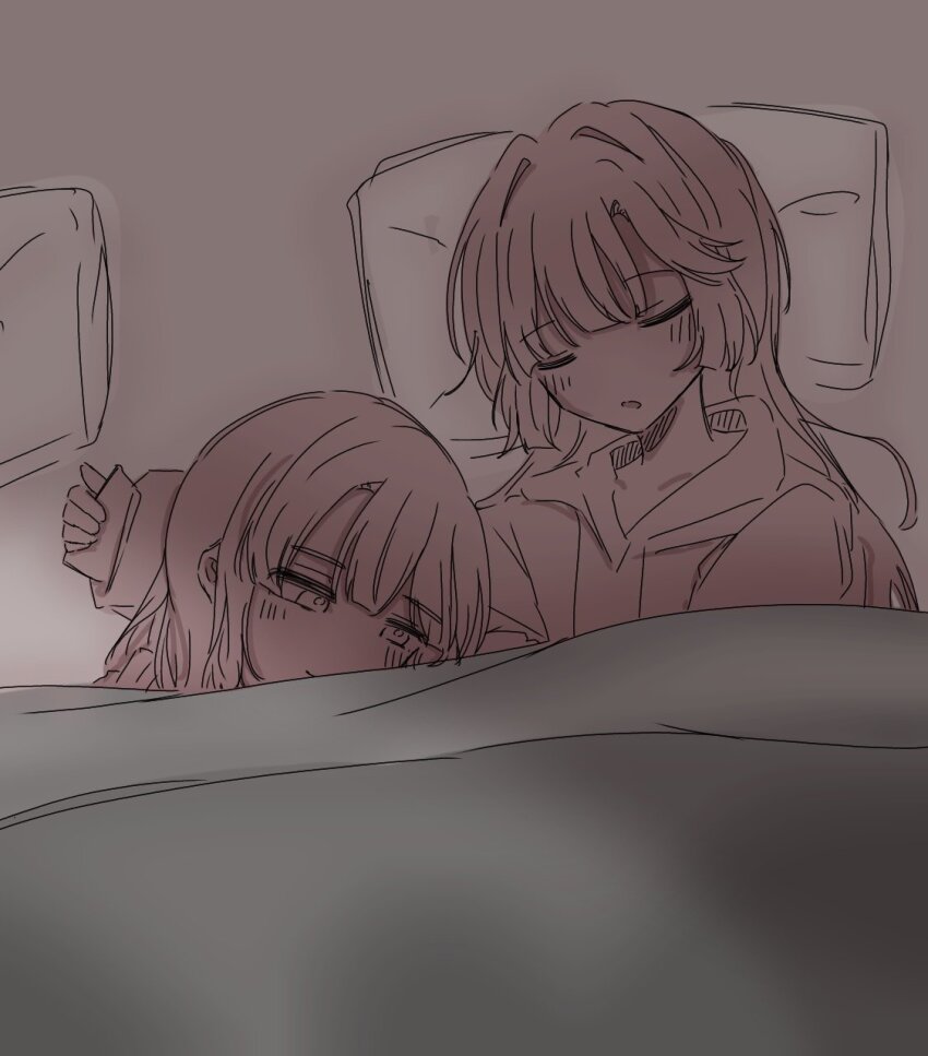 2girls, anyoji_hime, anyoji_hime_(winter_loungewear), apou0605, blunt_bangs, blush, closed_eyes, closed_mouth