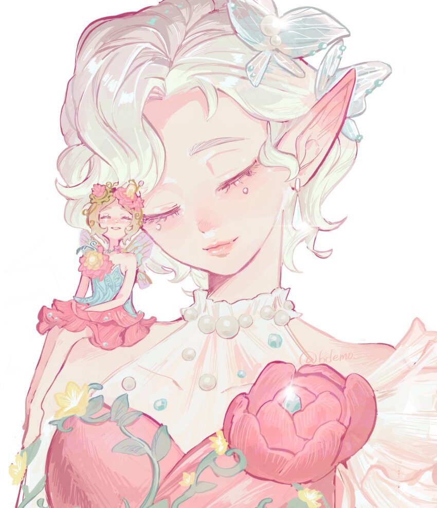 2girls, 6demo, blonde_hair, butterfly_wings, closed_eyes, dress, fairy, fairy_wings, flower, frills, hat, hat_flower, highres, identity_v, insect_wings, leaf, leaf_on_head, margaretha_zelle, margaretha_zelle_(sylphide), mini_person, minigirl, multiple_girls, petals, pink_dress, pink_flower, pointy_ears, short_hair, smile, tagme, tracy_reznik, tracy_reznik_(everlasting_flower), transparent_wings, white_hair, wings