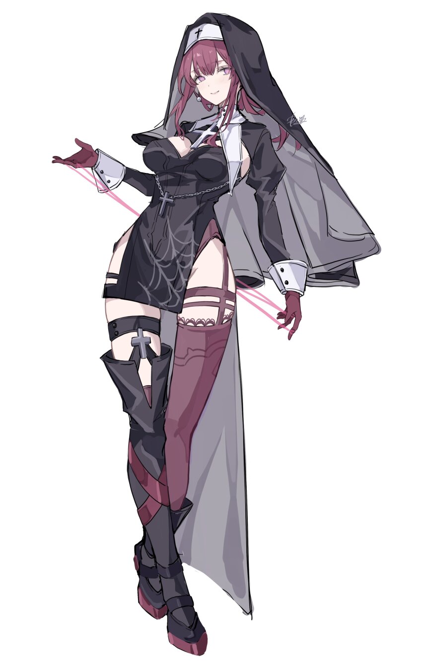 1girl, absurdres, alternate_costume, asymmetrical_footwear, black_boots, black_veil, boots, breasts