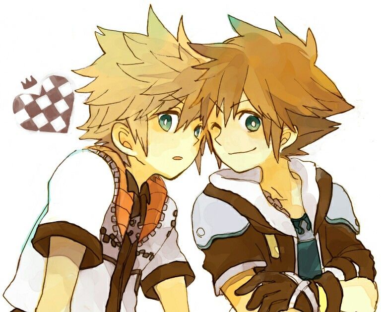 2boys, black_gloves, black_jacket, black_vest, blonde_hair, blue_shirt, bright_pupils, brown_hair