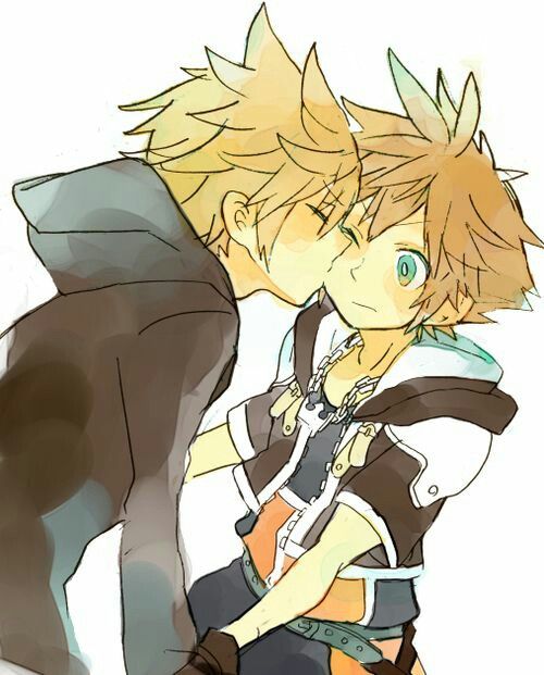 2boys, belt, black_coat, black_coat_(kingdom_hearts), black_gloves, black_jacket, blonde_hair, blue_belt