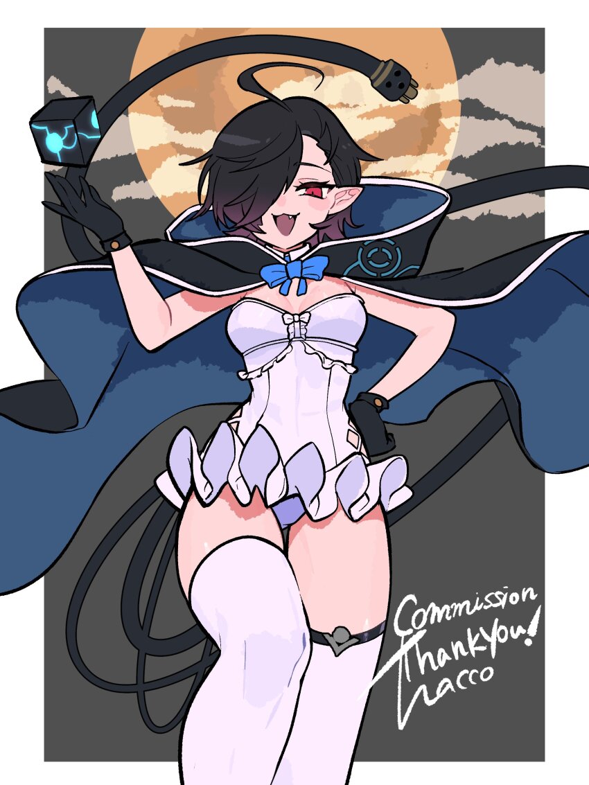 1girl, :3, absurdres, ahoge, artist_name, black_cloak, black_hair, blue_bow