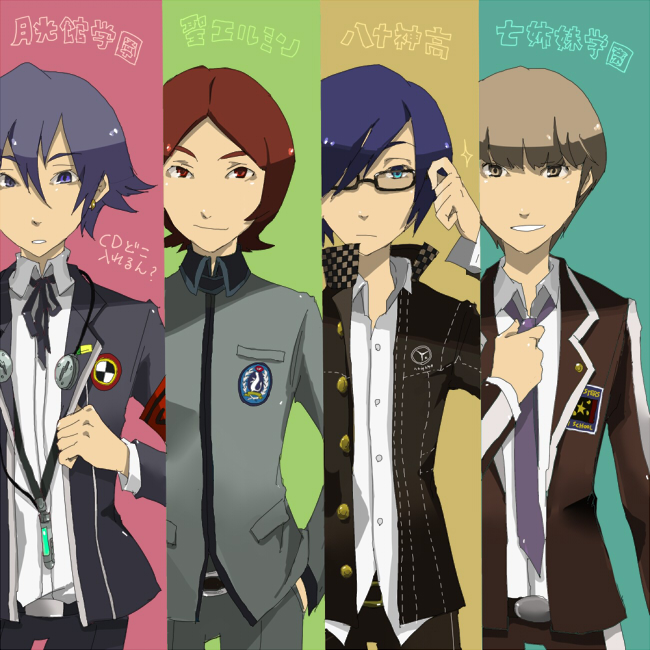 4boys, atlus, bad_id, bad_pixiv_id, cosplay, costume_switch, crossover, male_focus, multiple_boys, narukami_yu, persona, persona_1, persona_2, persona_3, persona_4, rakuchi, rakuchii_(rurituvo), school_uniform, suou_tatsuya, toudou_naoya, translation_request, yuuki_makoto_(persona_3)