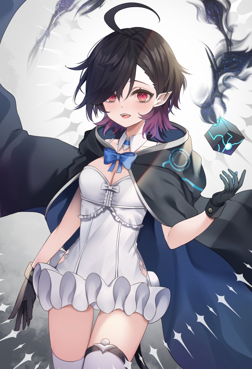 1girl, absurdres, ahoge, black_cloak, black_hair, blue_bow, blue_cloak, blush, bow, breasts, cleavage, cloak, collarbone, commentary_request, commission, dantalian_(ac8231), dress, gradient_hair, hand_up, highres, hood, hooded_cloak, ichinose_(sorario), looking_at_viewer, medium_breasts, multicolored_hair, open_mouth, original, pointy_ears, purple_hair, red_eyes, second-party_source, short_hair, skeb_commission, solo, standing, teeth, thighhighs, tongue, two-sided_cloak, two-sided_fabric, two-tone_cloak, upper_teeth_only, white_dress