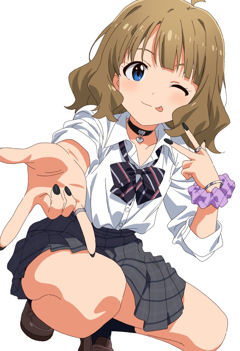 1girl, :p, ahoge, bangle, black_bow, black_bowtie, black_choker, black_nails