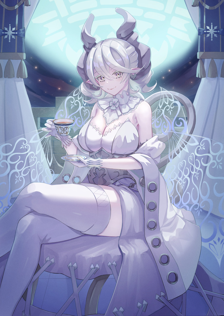 1girl, absurdres, banner, bare_shoulders, breasts, cleavage, closed_mouth, corset