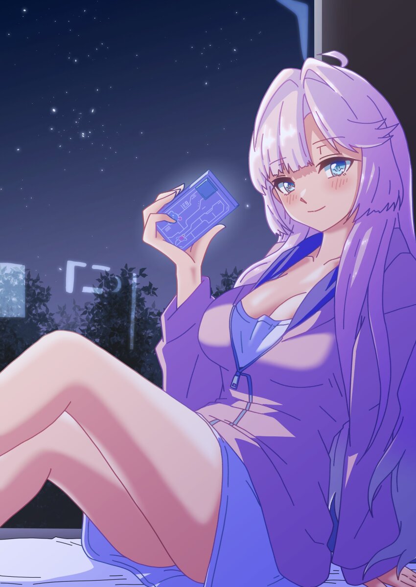 1girl, absurdres, ahoge, anyoji_hime, bare_legs, blue_eyes, blunt_bangs, blush