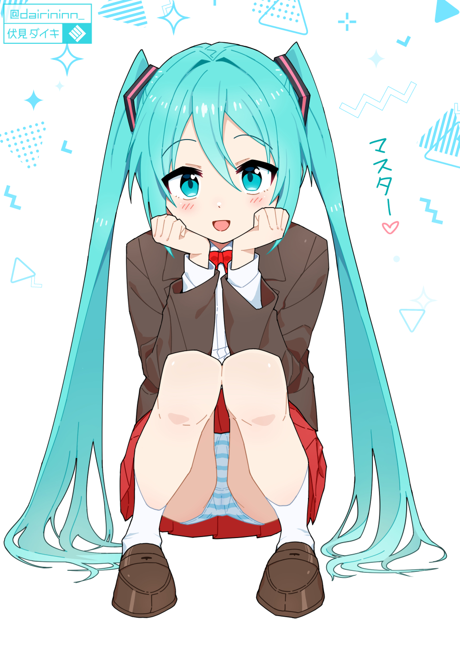 1girl, artist_name, blue_eyes, blue_hair, blue_panties, bow, bowtie, brown_jacket