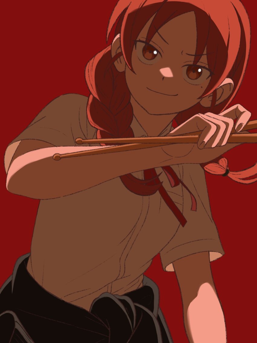 1girl, braid, breast_pocket, clothes_around_waist, collared_shirt, determined, dress_shirt, drumsticks, futsuu_no_keion-bu, highres, holding, holding_drumsticks, jacket, jacket_around_waist, long_hair, mole, mole_under_eye, neck_ribbon, parted_bangs, pocket, red_eyes, red_hair, red_ribbon, red_theme, ribbon, school_uniform, shirt, short_sleeves, smile, solo, tabasco3410, twin_braids, twintails, uchida_momo, upper_body, v-shaped_eyebrows, white_shirt, wing_collar