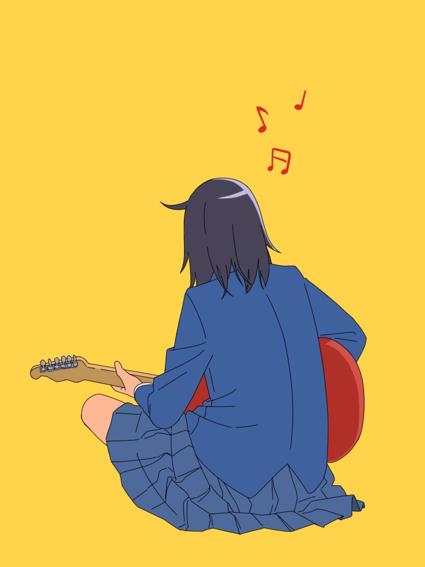 1girl, ahoge, back, black_hair, blue_jacket, blue_skirt, electric_guitar, from_behind, full_body, futsuu_no_keion-bu, guitar, hatono_chihiro, highres, instrument, jacket, musical_note, playing_guitar, playing_instrument, school_uniform, simple_background, sitting, skirt, solo, tabasco3410, yellow_background