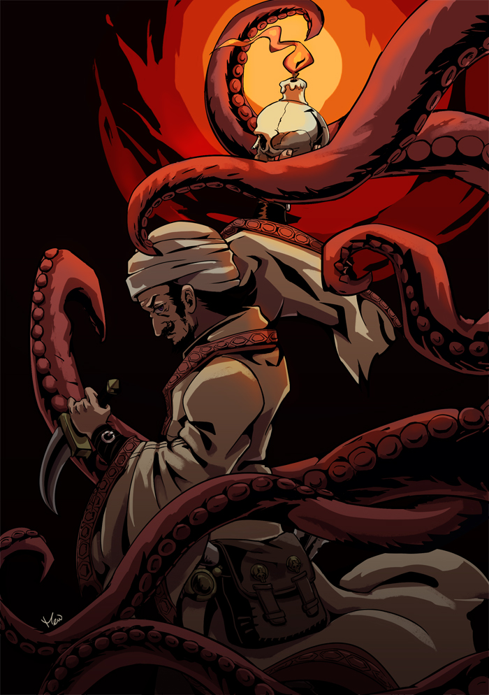 1boy, beard, candle, combat_knife, darkest_dungeon, facial_hair, headgear, holding, holding_knife, holding_weapon, jewelry, knife, mewwuwu, mustache, occultist_(darkest_dungeon), robe, short_hair, skull, tentacles, turban, weapon