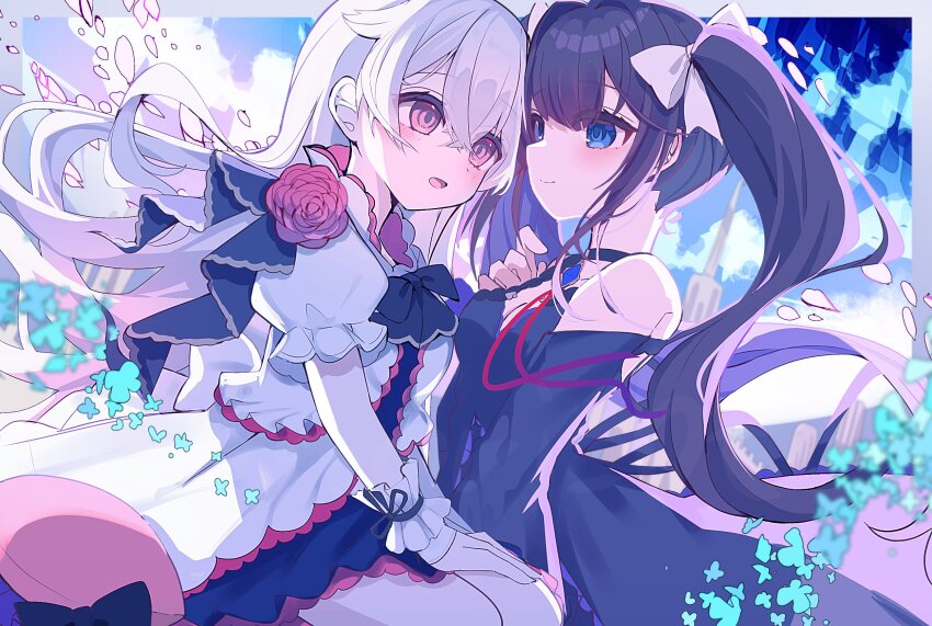 2girls, arcaea, black_dress, black_hair, blue_eyes, blush, bow, breasts