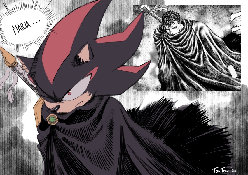 1boy, absurdres, berserk, black_cloak, black_fur, cloak, cosplay, cowboy_shot