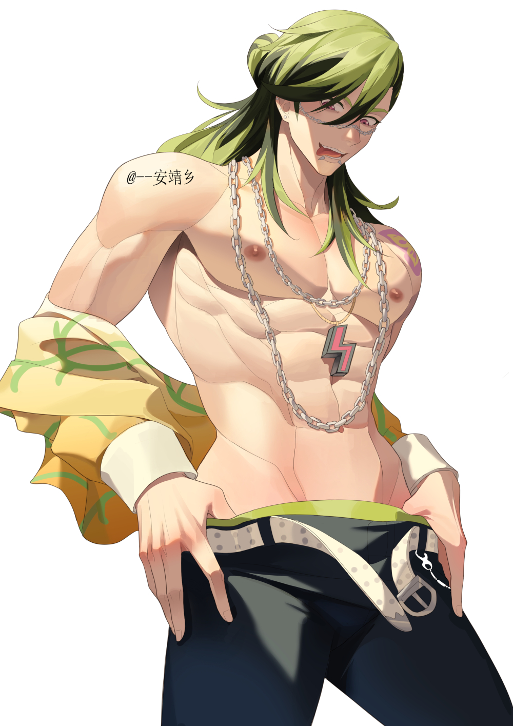 1boy, abs, anjingxiang, belt, black_hair, black_pants, bucchigiri?!, chain