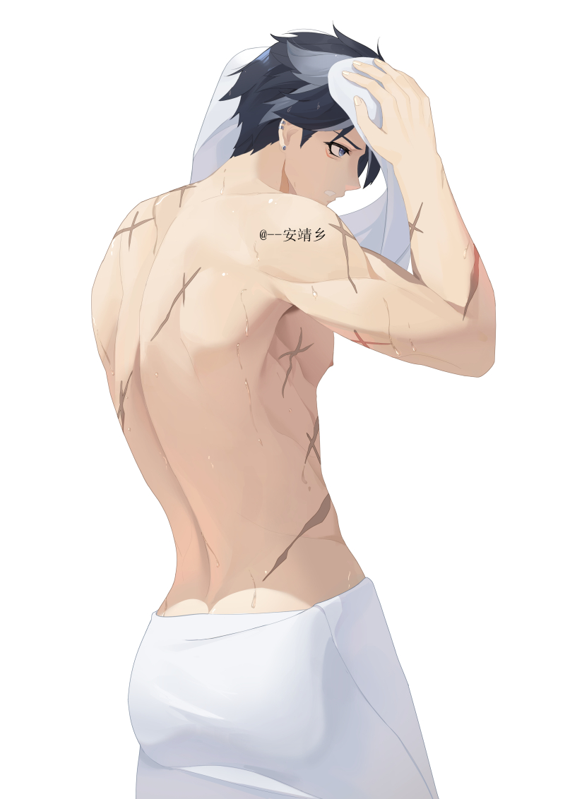 1boy, anjingxiang, ass, back, black_hair, blue_eyes, earrings, genshin_impact