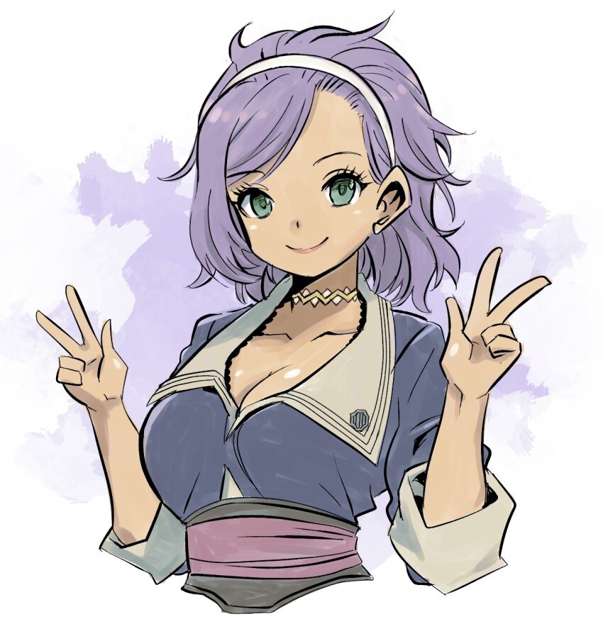 1girl, arna_(wizardry), breasts, choker, cleavage, collarbone, double_v, green_eyes