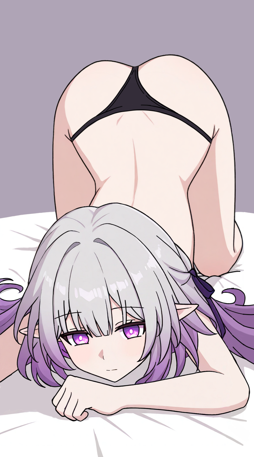 1girl, ass, black_panties, bright_pupils, castorice_(honkai:_star_rail), closed_mouth, commentary, english_commentary