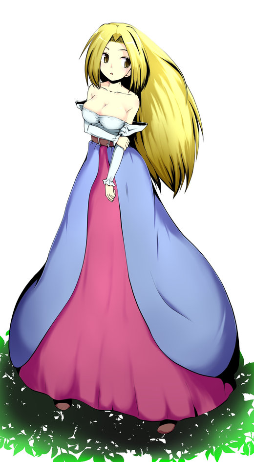 1girl, belt, blonde_hair, breasts, brown_eyes, cleavage, dress, female_focus