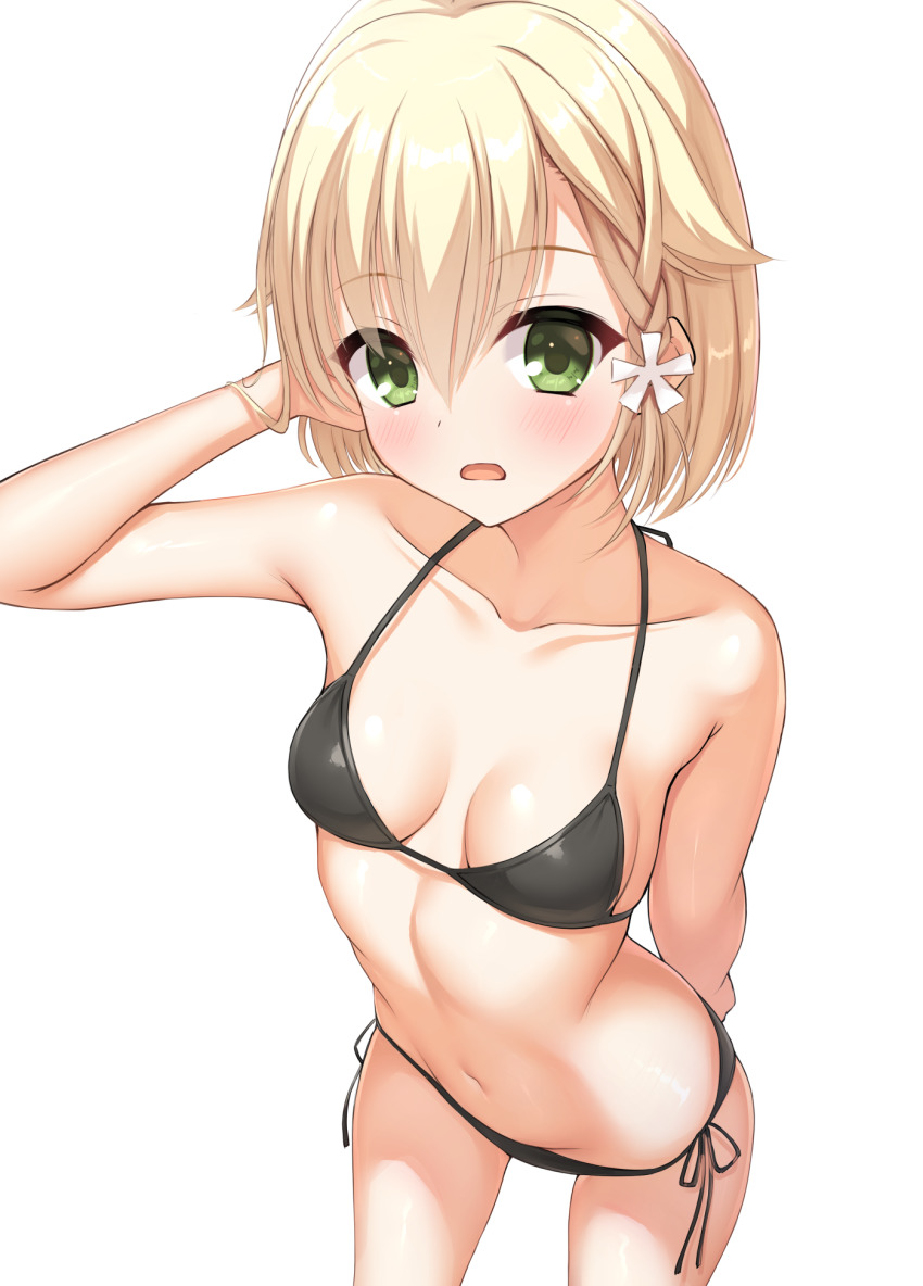 1girl, alternate_costume, arm_behind_back, bare_arms, bare_shoulders, bikini, black_bikini, blonde_hair