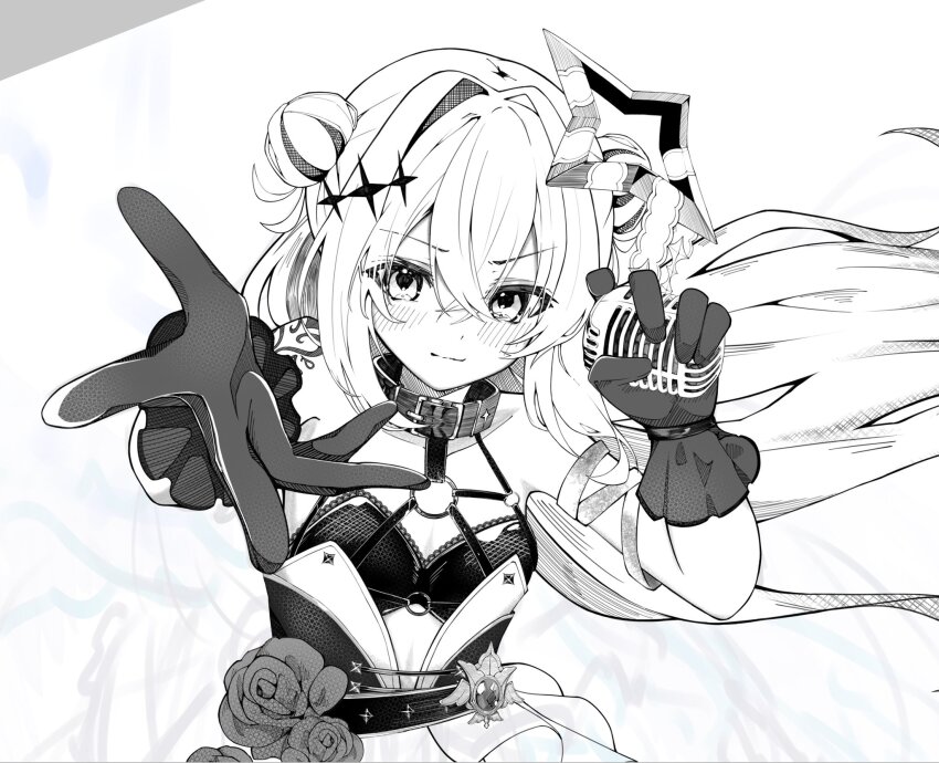 1girl, amane_kanata, belt_collar, blush, breasts, collar, flower, gloves