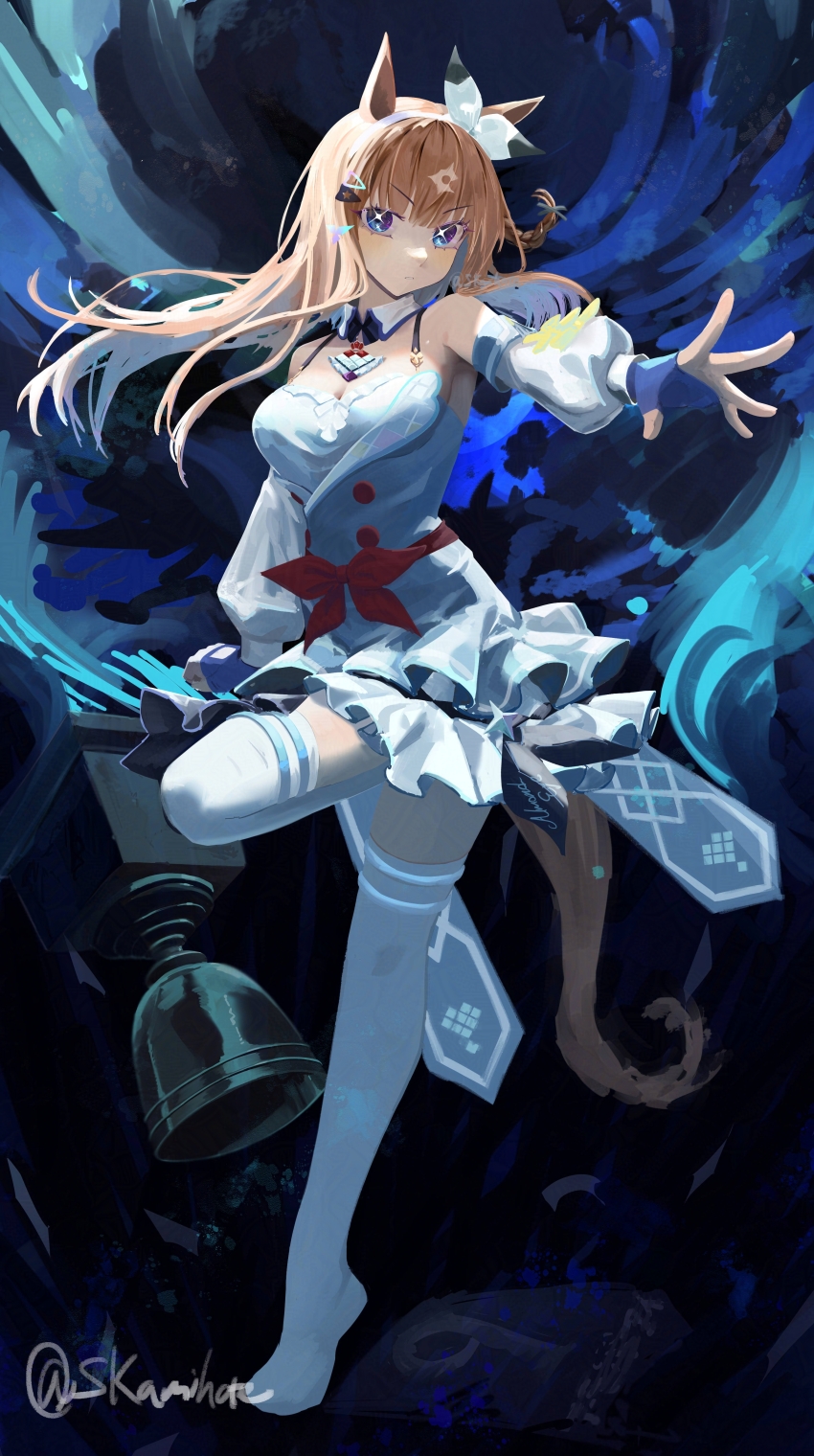 +_+, 1girl, absurdres, almond_eye_(the_changer)_(umamusume), almond_eye_(umamusume), animal_ears, arm_at_side, bare_shoulders