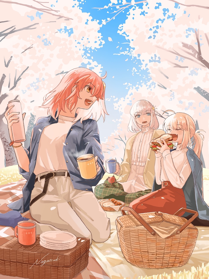 1boy, 2girls, absurdres, artoria_caster_(fate), artoria_caster_(lawson)_(fate), artoria_pendragon_(fate), basket, belt