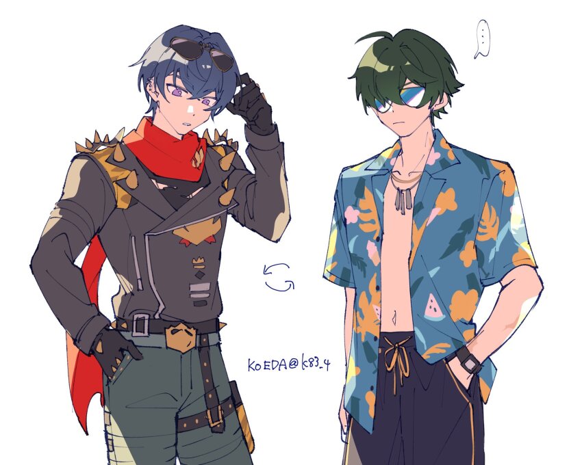 ..., 2boys, ahoge, arrow_(symbol), artist_name, belt, belt_buckle, black_belt