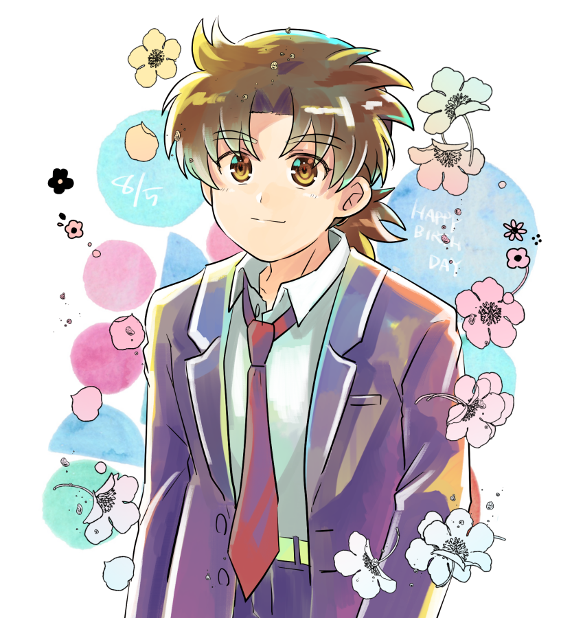 1boy, areare194, blazer, brown_eyes, brown_hair, dated, flower, happy_birthday, jacket, kindaichi_hajime, kindaichi_shounen_no_jikenbo, long_sleeves, male_focus, medium_hair, necktie, parted_bangs, red_necktie, shirt, solo, standing, white_shirt