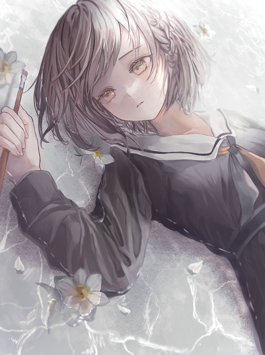 1girl, amuko08, black_shirt, braid, brown_eyes, brown_hair, flower, highres, holding, long_sleeves, lying, neckerchief, on_back, paintbrush, parted_lips, project_sekai, sailor_collar, school_uniform, serafuku, shinonome_ena, shirt, short_hair, solo, upper_body, water, white_flower, white_sailor_collar