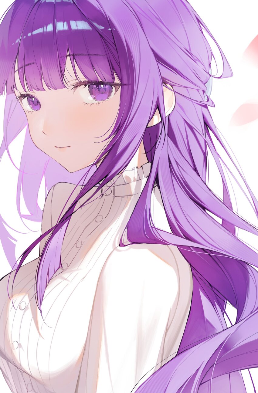 1girl, absurdres, breasts, dress, fern_(sousou_no_frieren), floating_hair, frieren, frilled_dress, frills, highres, large_breasts, lips, looking_at_viewer, mai_(mornmeii), portrait, purple_eyes, purple_hair, simple_background, solo, sousou_no_frieren, upper_body, white_background, white_dress