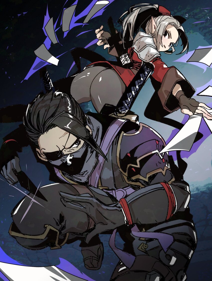 1boy, 1girl, armor, black_gloves, black_hair, black_pants, brown_gloves, chokutou