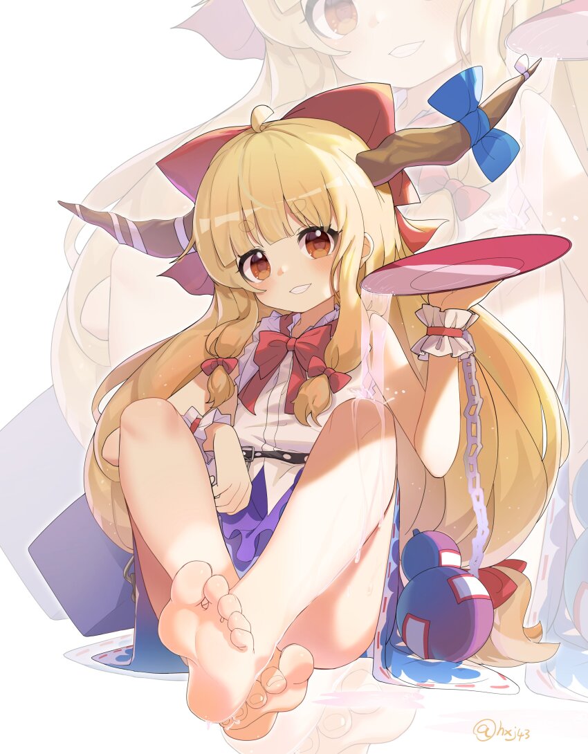 1girl, absurdres, ahoge, bare_legs, barefoot, blonde_hair, blue_bow, blunt_bangs, blush, bow, bowtie, brown_eyes, chain, commentary_request, crossed_ankles, cup, feet, foot_focus, gourd, hair_bow, hair_ribbon, hand_up, highres, holding, holding_cup, horn_bow, horn_ornament, horns, hxj_(2324184595), ibuki_suika, knees_up, long_hair, looking_at_viewer, red_bow, red_bowtie, ribbon, sakazuki, simple_background, smile, soles, solo, spilling, teeth, toenails, toes, touhou, tress_ribbon, very_long_hair, white_background, wrist_cuffs, zoom_layer