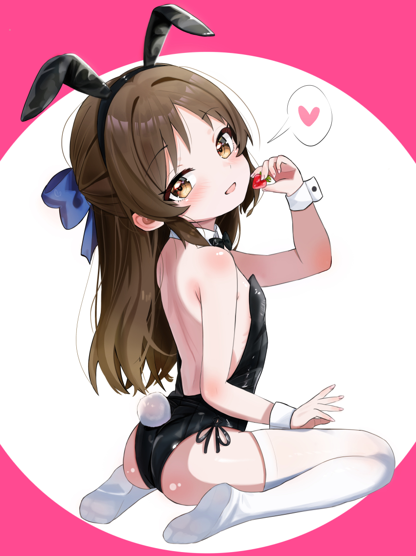 absurdres, animal_ear_hairband, animal_ears, black_bow, black_bowtie, black_leotard, blue_ribbon, bow, bowtie, brown_eyes, brown_hair, detached_collar, fake_animal_ears, fella_(vpffk0731), food, from_behind, fruit, hair_ribbon, hairband, half_updo, heart, highres, idolmaster, idolmaster_cinderella_girls, idolmaster_cinderella_girls_u149, leotard, loli, long_hair, playboy_bunny, rabbit_ears, rabbit_tail, ribbon, side-tie_leotard, spoken_heart, strapless, strapless_leotard, strawberry, tachibana_arisu, tail, thighhighs, white_thighhighs, wrist_cuffs